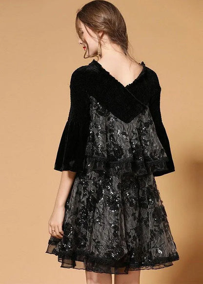Black Patchwork Silk Velour Holiday Dress Sequins Nail Bead Half Sleeve