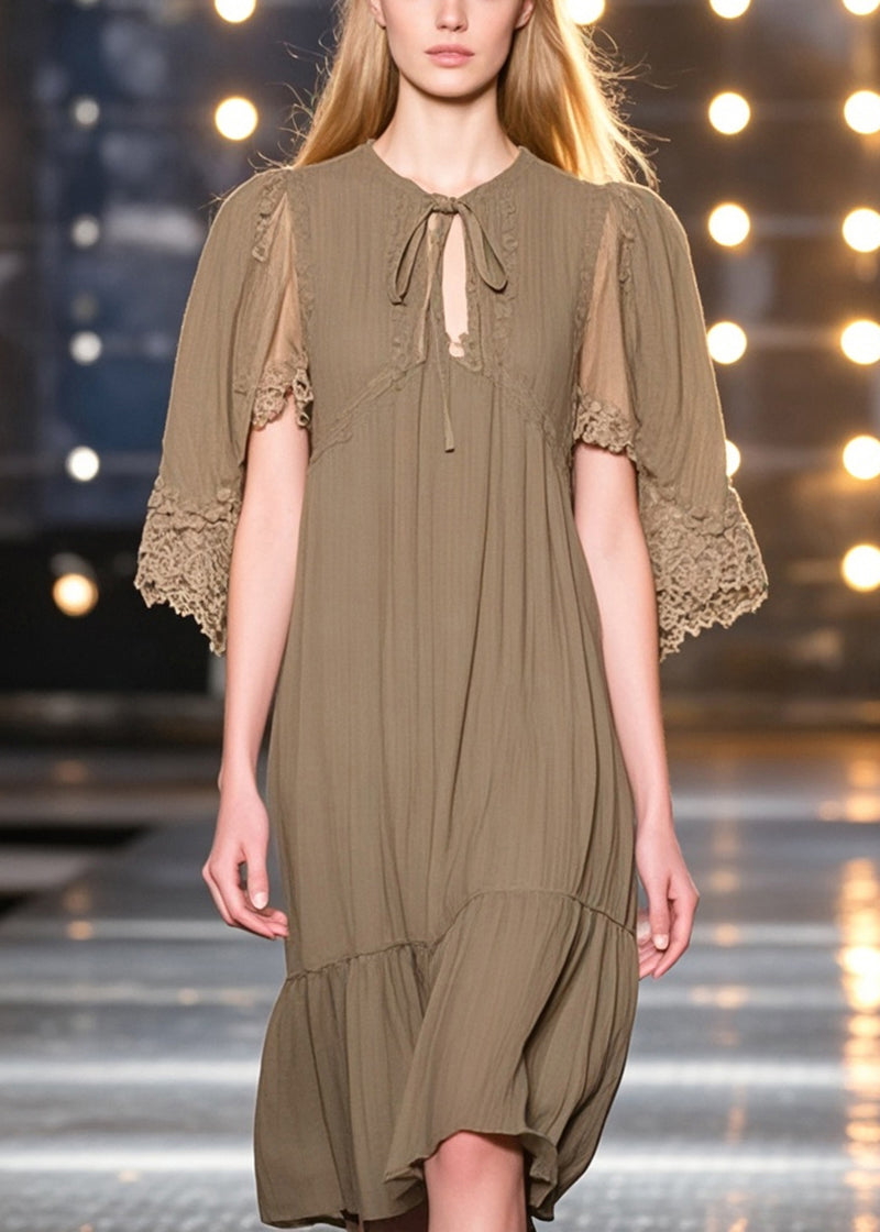 Dark Khaki Lace Up Cotton Tea Dresses Cloak Sleeves