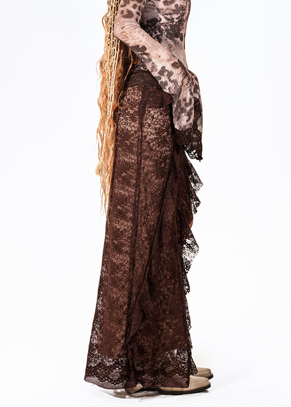 Coffee Asymmetrical Patchwork Side Open Maxi Skirts