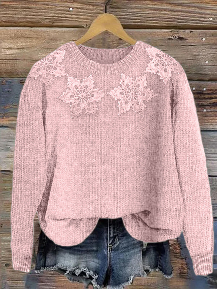 Classy Snowflakes Yoke Crochet Cozy Knit Sweater artswardrobe