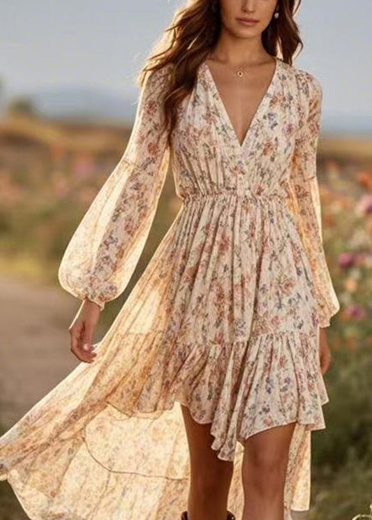 Diy Apricot Print Wrinkled Party Chiffon Maxi Dress Spring