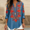 Comstylish Women's Vintage Hibiscus Embroidered Linen V-neck Shirt
