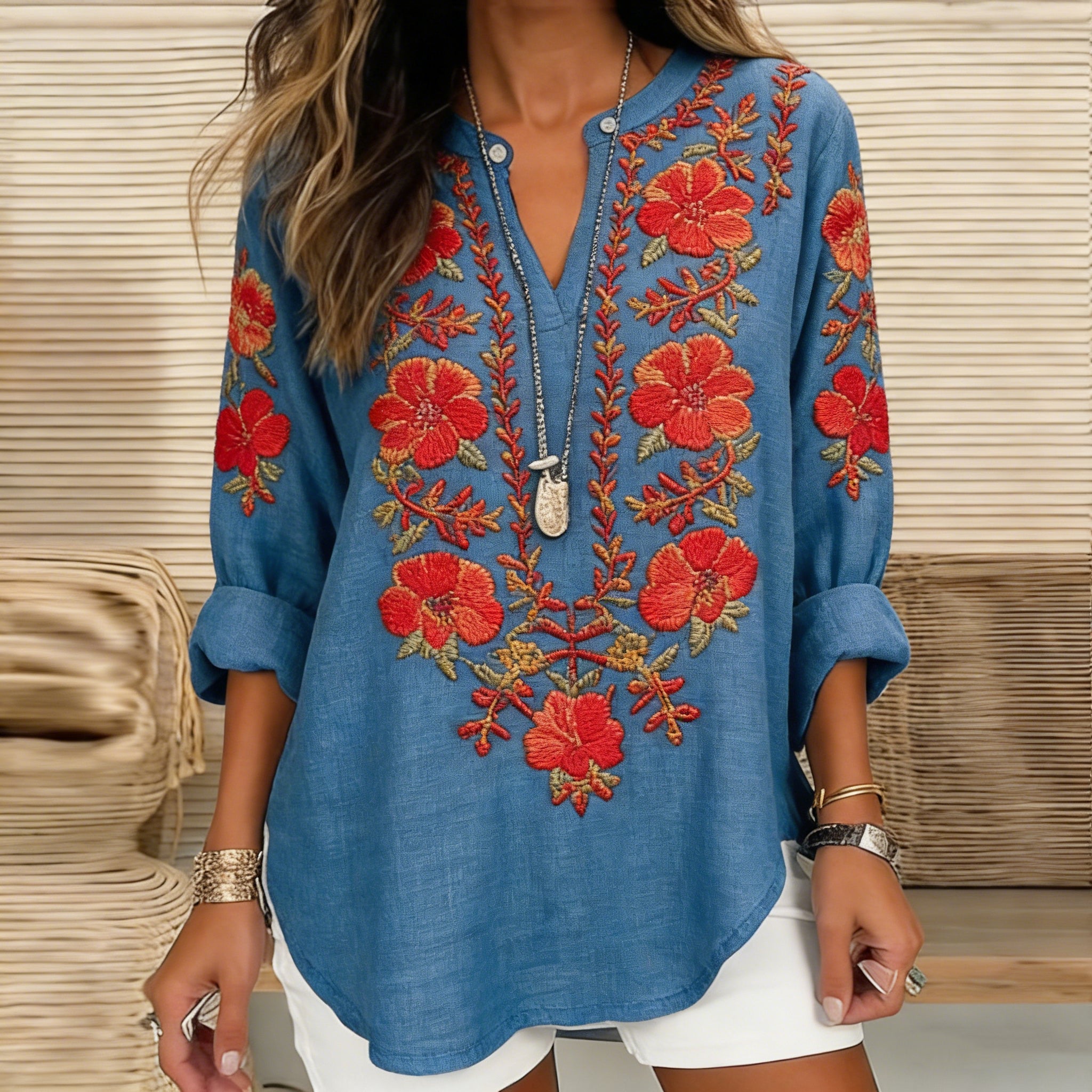 Comstylish Women's Vintage Hibiscus Embroidered Linen V-neck Shirt