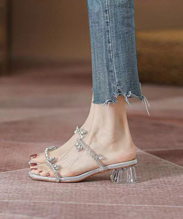 Silver Zircon Peep Toe Chunky Heel Slide Sandals