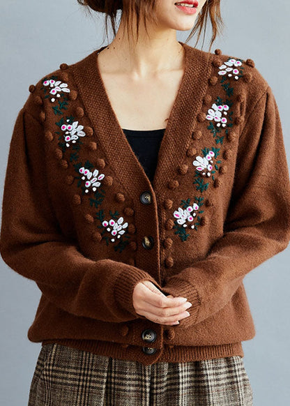 Fitted Coffee Embroideried Button Knit Sweaters Coat Winter