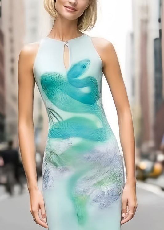 Sky Blue Winged Snake Print Silk Wraped Dress Summer