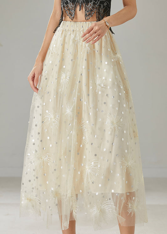 Milk White Embroidered Sequins Tulle Skirts Summer