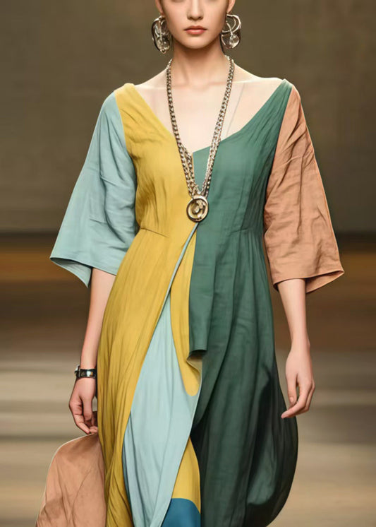 Style Asymmetrical Patchwork Applique Cotton Long Dress Half Sleeve