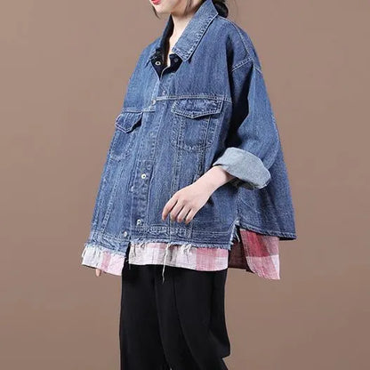 French Lapel Patchwork Fine Fall Clothes for Denim Blue Dresses Coats