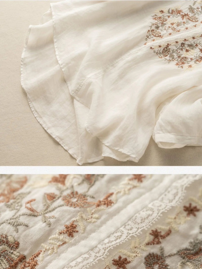 Embroidered V Neck 3/4 Sleeve Linen Top