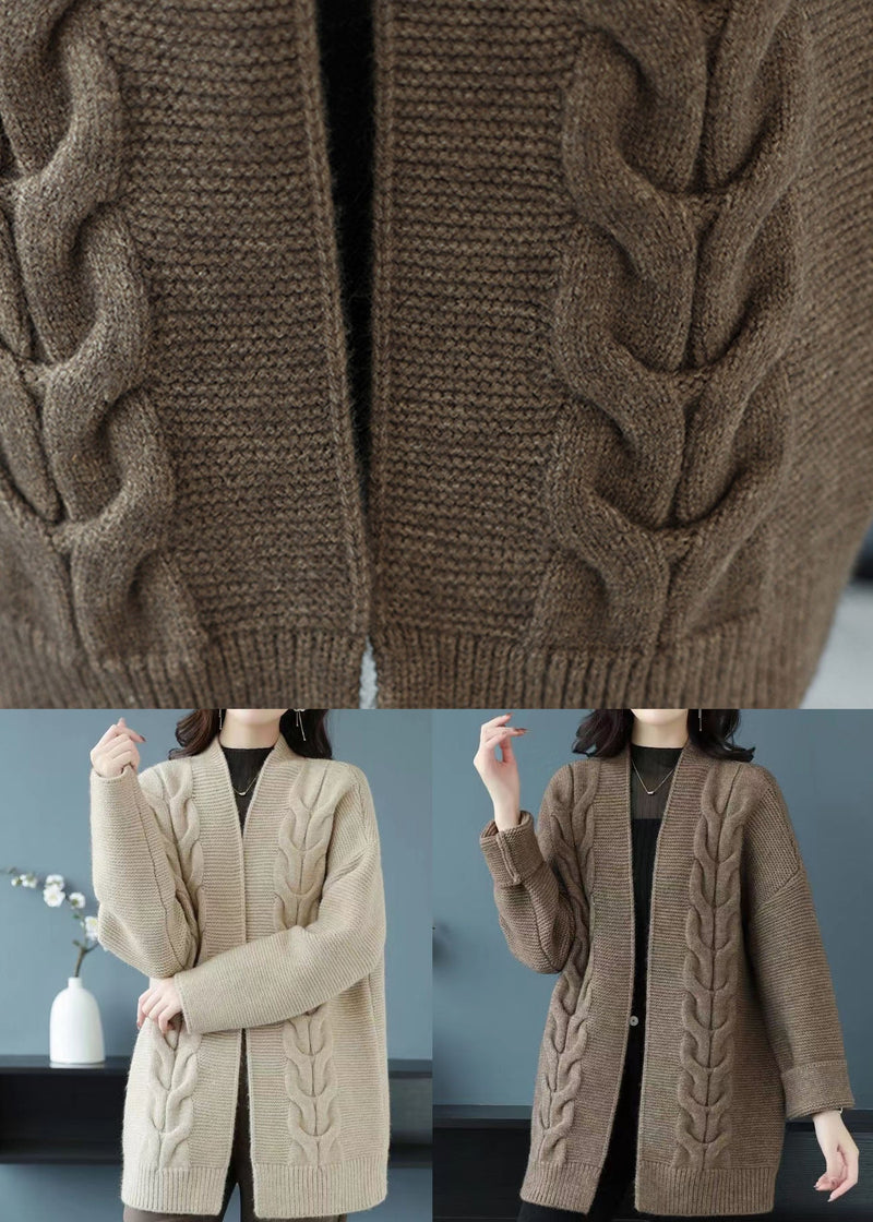 Camel Patchwork Thick Wool Cardigans V Neck Fall