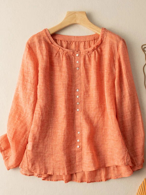 Pure Color Crew Neck Long Sleeve Linen Top