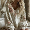 Women's Vintage Pink Rose Embroidered V-neck Long Sleeve Casual Sweatshirt elevenforest