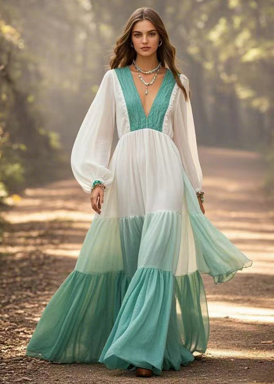 Gradient Color Exra Large Hem Cotton Long Dresses Spring