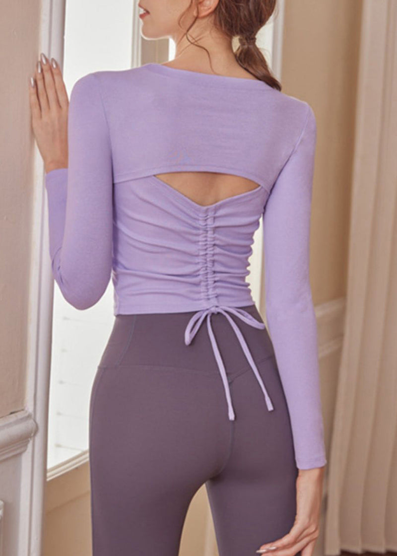 Purple O-neck Drawstring Yoga Tops Fall