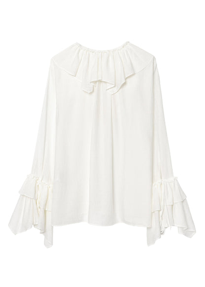 White V Neck Ruffled Patchwork Chiffon Top Fall