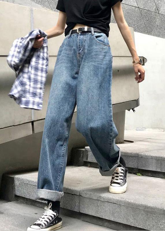 Winter Denim Blue Pants High Waist Wide Leg Trousers