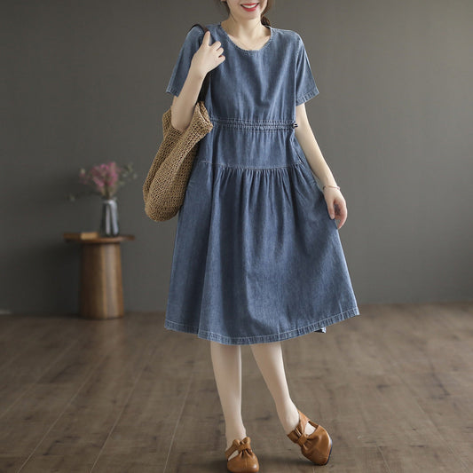 Literary Tencel Denim Mid Length Short Sleeve Dress