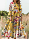 Women's Bohemian Floral Art Print Flowy Cotton Crew Neck Dress