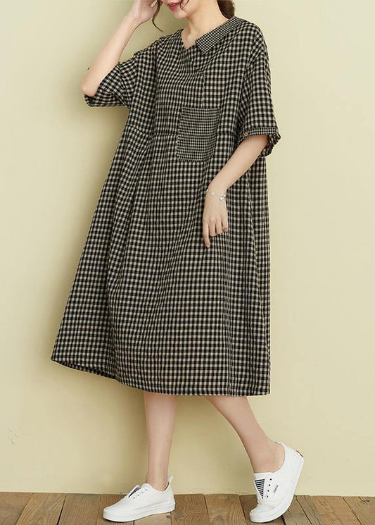 Classy V Neck Patchwork Linen Summer Clothes for Tutorials Black Plaid Dress
