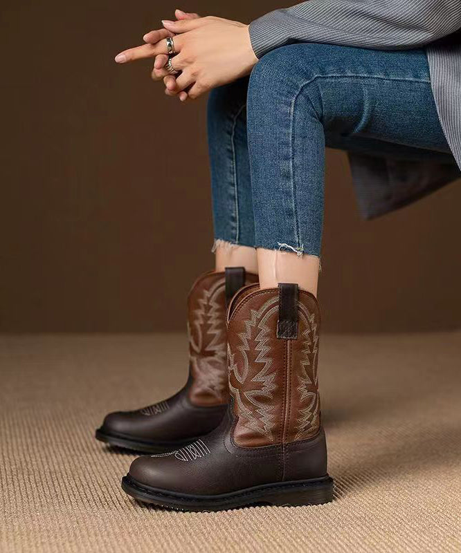 Purple Cowhide Leather Embroideried Splicing Boots