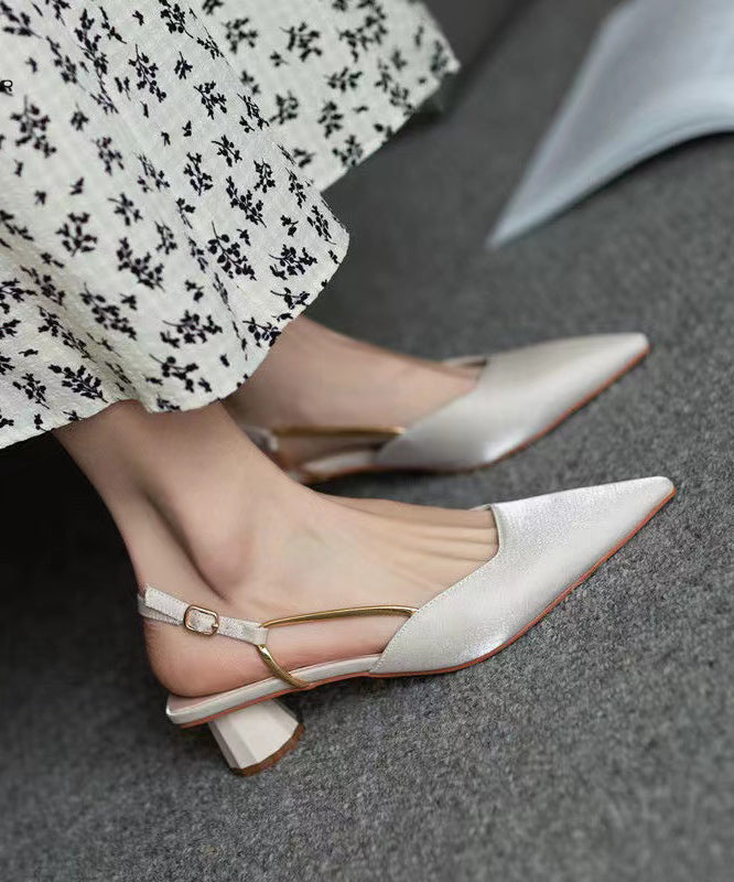 French Beige Pointed Toe Buckle Strap Chunky Sandals