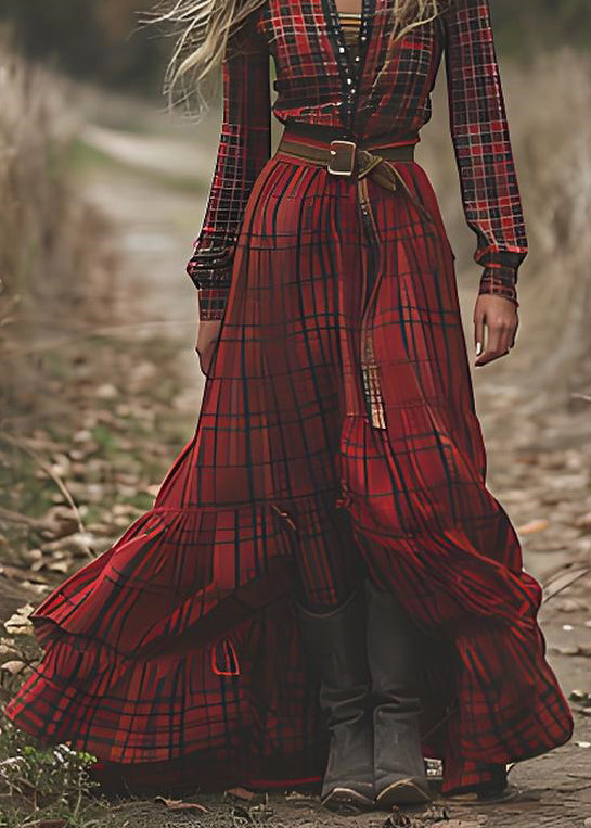 Red V Neck Plaid Patchwork Cotton Ankle Dress Spring