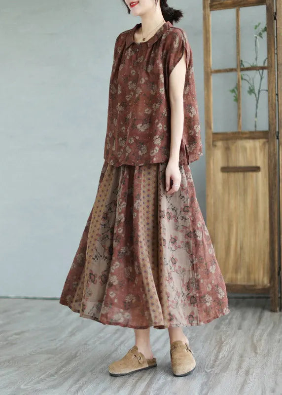 Handmade Peter Pan Collar Print Linen Shirts and Maxi Skirts Two Pieces Set Summer