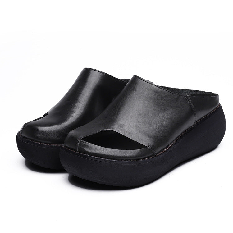Retro Leather Wedge Slippers