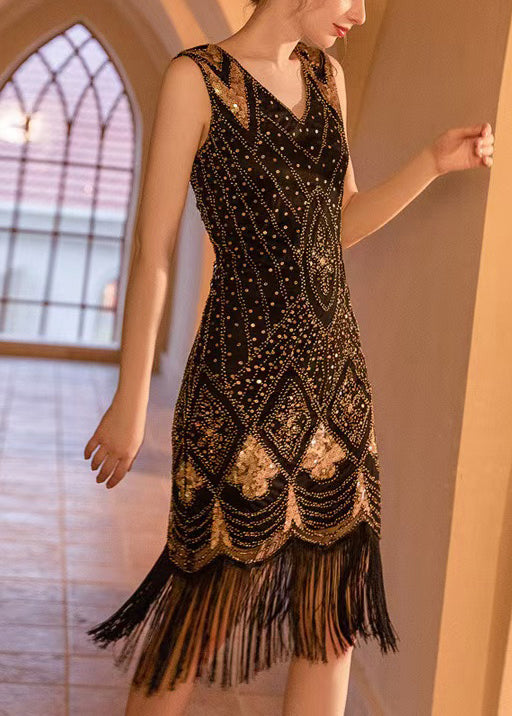 Black Tasseled Lace Mini Dress Sleeveless