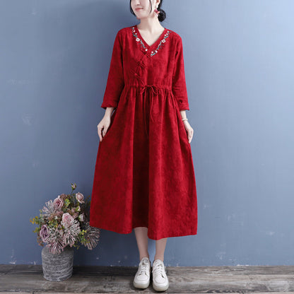 Autumn Cotton Linen Embroidery Retro Dress