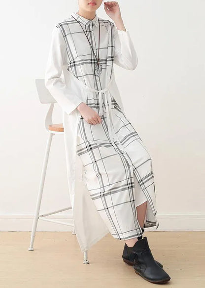 Organic White Plaid Cotton Long Shirts Drawstring Art Summer Dresses