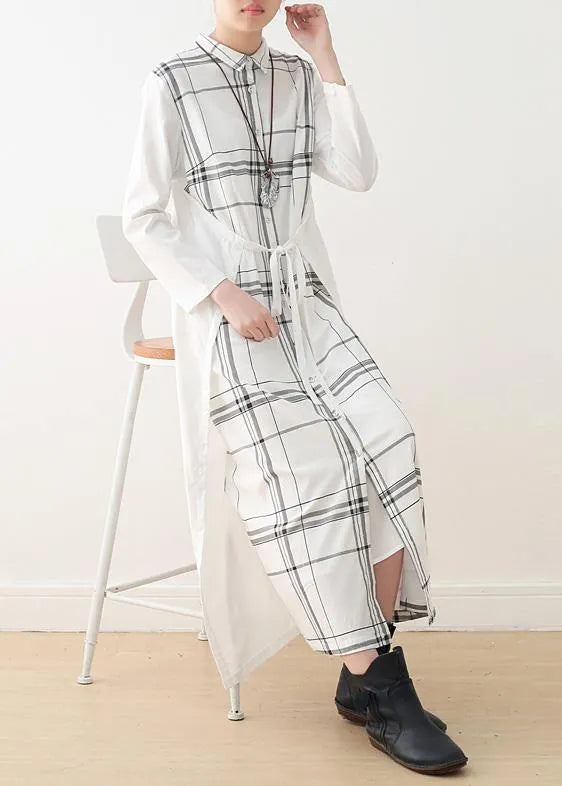 Organic White Plaid Cotton Long Shirts Drawstring Art Summer Dresses