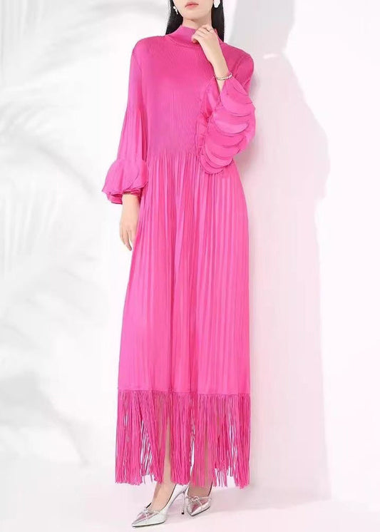 French Rose Turtleneck Wrinkled Tasseled Cotton Long Dressesfall