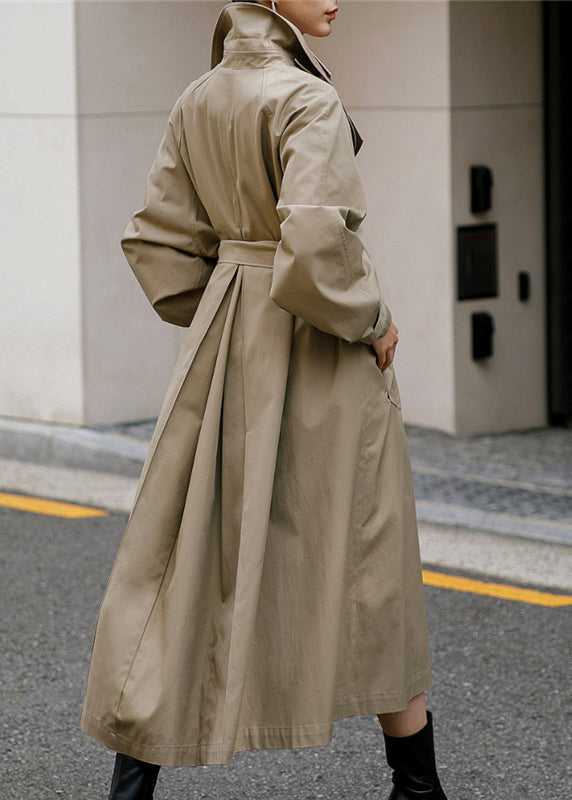 Khaki Peter Pan Collar Tie Waist Button Pockets Cotton Trench Coats Long Sleeve