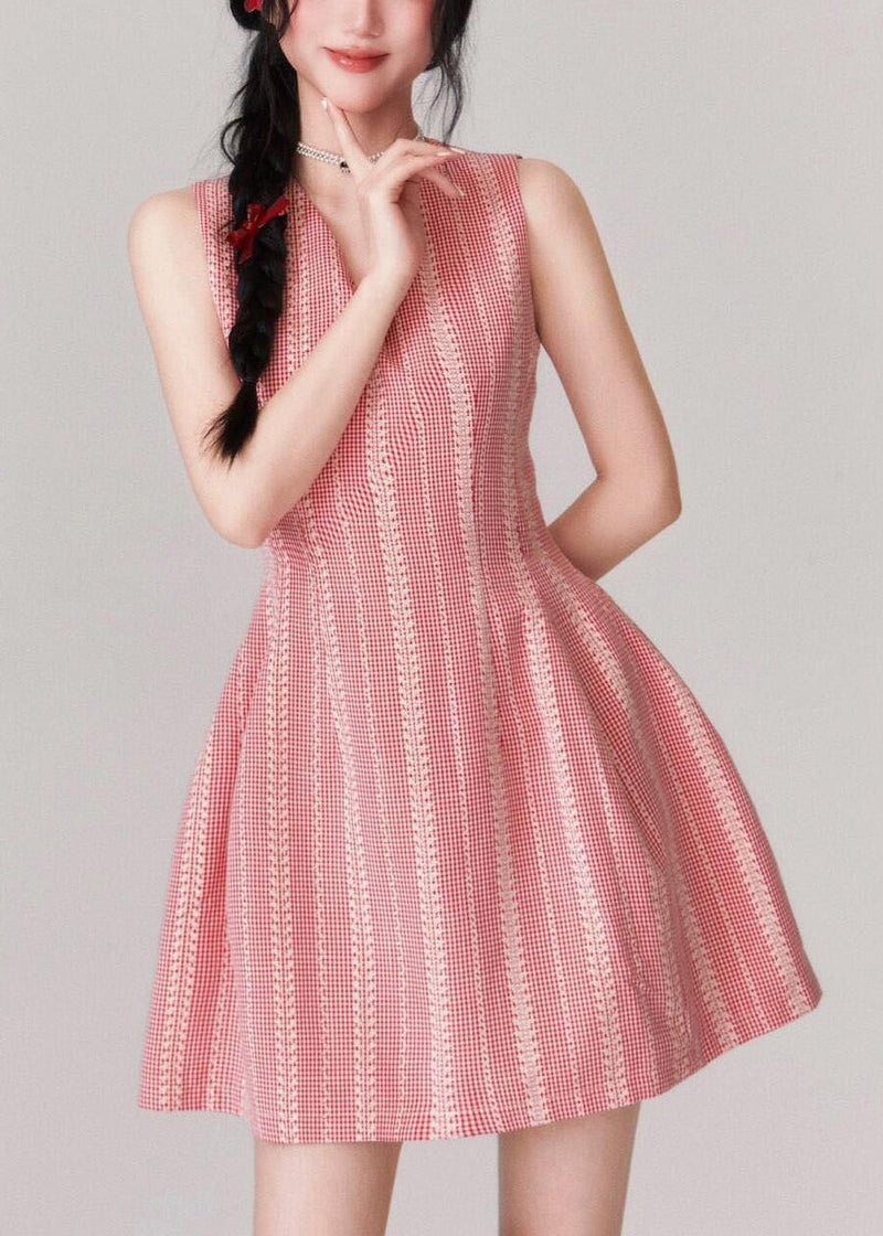 Stylish Pink V Neck High Waist Cotton Mid Dress Sleeveless