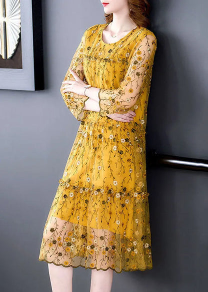 Yellow Tulle Party Dress Embroidered Hollow Out Bracelet Sleeve
