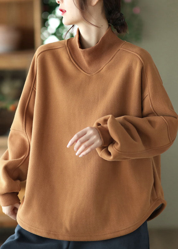Brown Stand Collar Oversized Warm Fleece Sweatshirt Winter