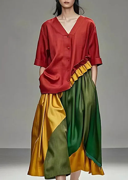 Ruffled Patchwork Cotton Tops and Skirts Two Pieces Set Summer