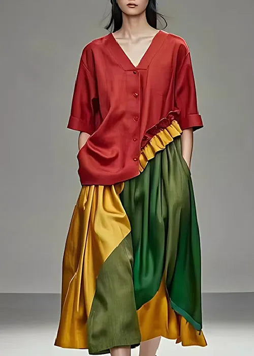 Ruffled Patchwork Cotton Tops and Skirts Two Pieces Set Summer