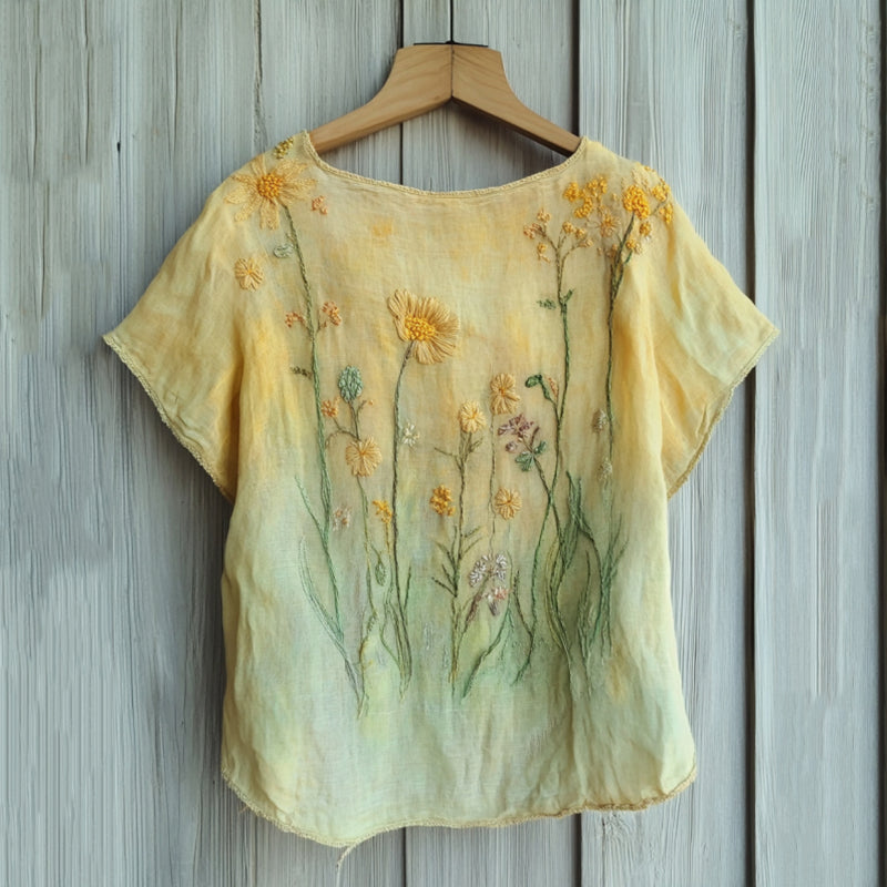 Vintage Floral Gradient Embroidered Comfy Shirt elevenforest