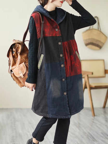 Winter Colorblock Hooded Mid Length Waist Coat
