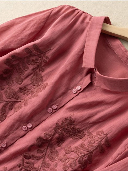 Embroidered 3/4 Sleeve Linen Shirt Top