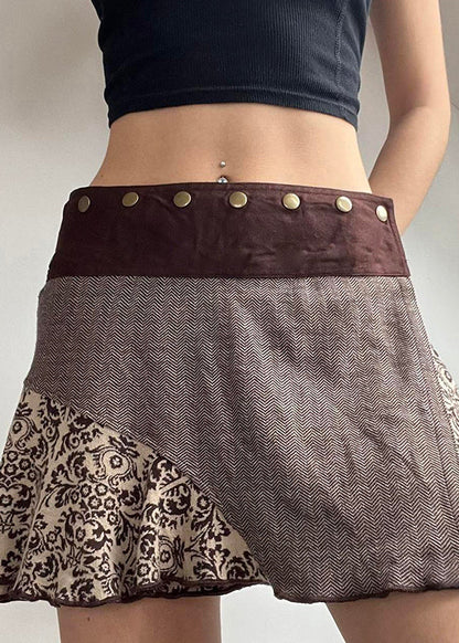 Brown Asymmetrical Print Rivet Patchwork Cotton Skirts Fall