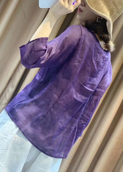 Novelty Purple O-neck Embroideried Tie Waist Linen Top Long Sleeve