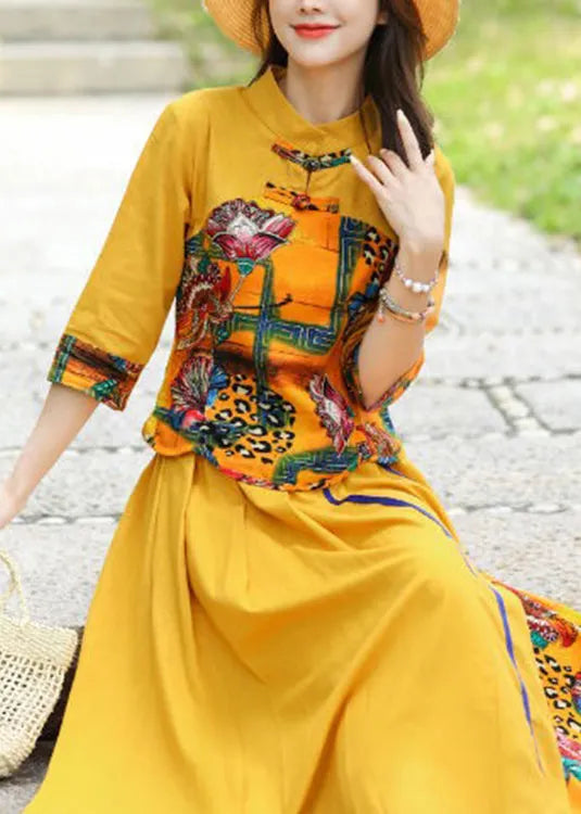 Stylish Yellow O-neck Print Top and Skirts Two Piece Set Fall