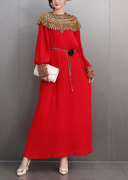 Red Patchwork Slim Party Long Dress Lantern Sleeve