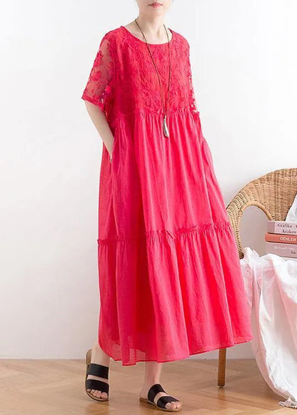 Handmade Organza Patchwork Cotton O Neck Summer Catwalk Red Kaftan Dress