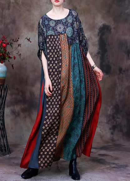 Green O-neck Print Patchwork Silk Long Dresses Long Sleeve