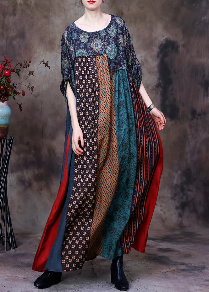 Green O-neck Print Patchwork Silk Long Dresses Long Sleeve